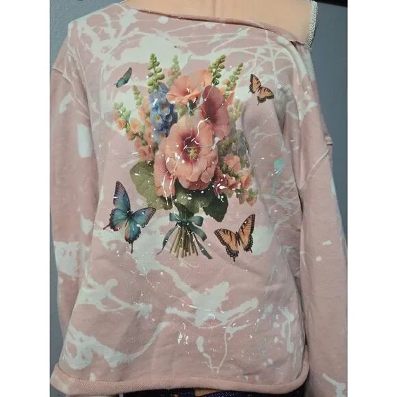 Custom Upcycled Off Shoulder Pink Floral Bouquet Handpainted Sweatshirt - Picture 2 of 4